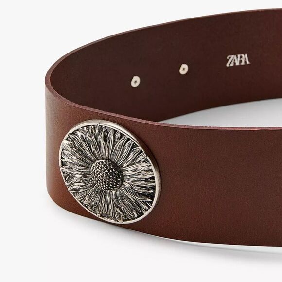 ZARA WIDE LEATHER BELT WITH FLOWERS main image 3